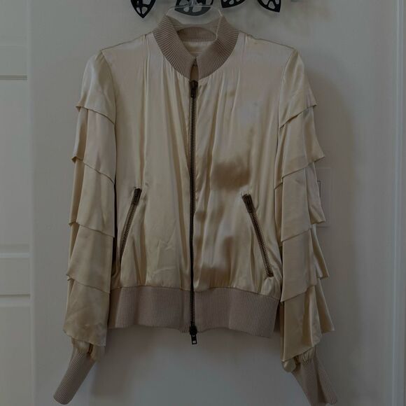 Haute Silk Cream Bomber Jacket with Ruffle Sleeves 4 NWT - Picture 8 of 16